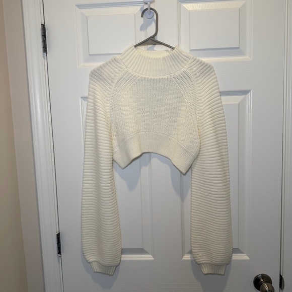 Sweaters - Cropped Mock Neck Women's Sweater - White